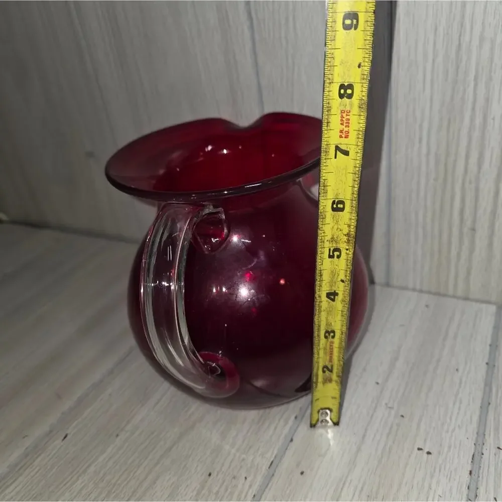 Vtg Hand-Blown Ruby Red Pitcher With Clear Handle Victorian 7